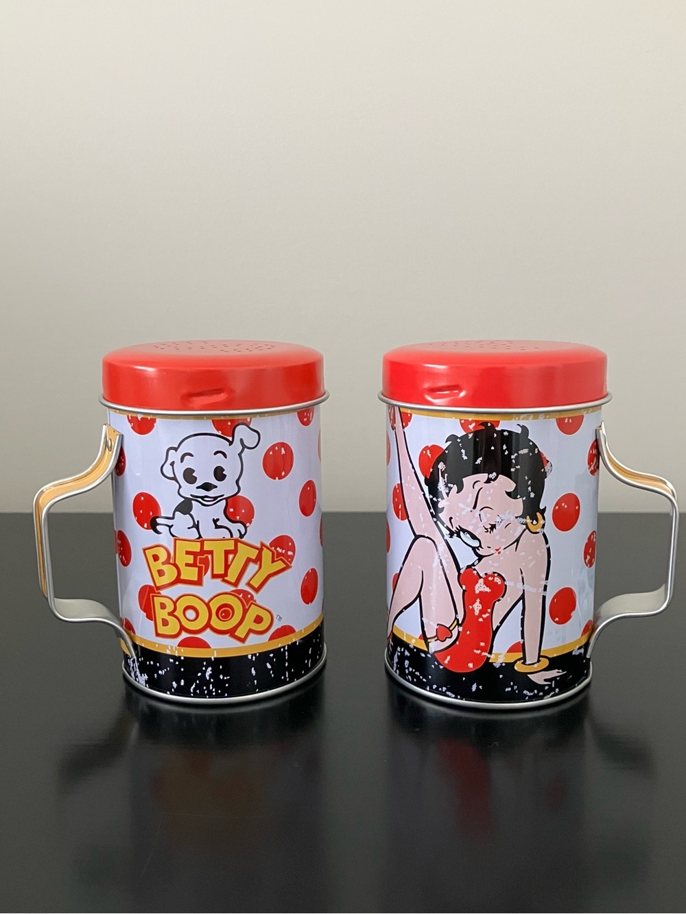 Betty Boop & Pudgy Dots Red and White Polka Dot Tin Salt & Pepper Shakers